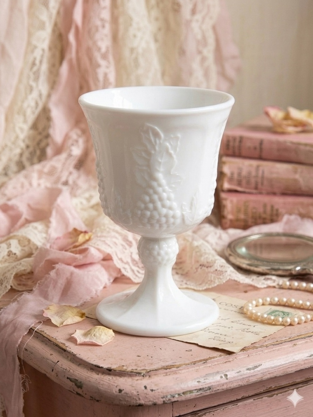 🌸 Vintage Colony Harvest Milk Glass White Water Goblet
